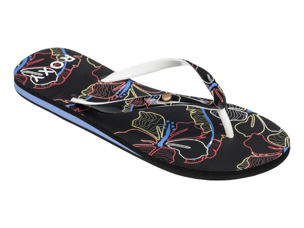 Sandalias Roxy modelo Portofino III en color negro con detalles en azul y estampado multicolor.