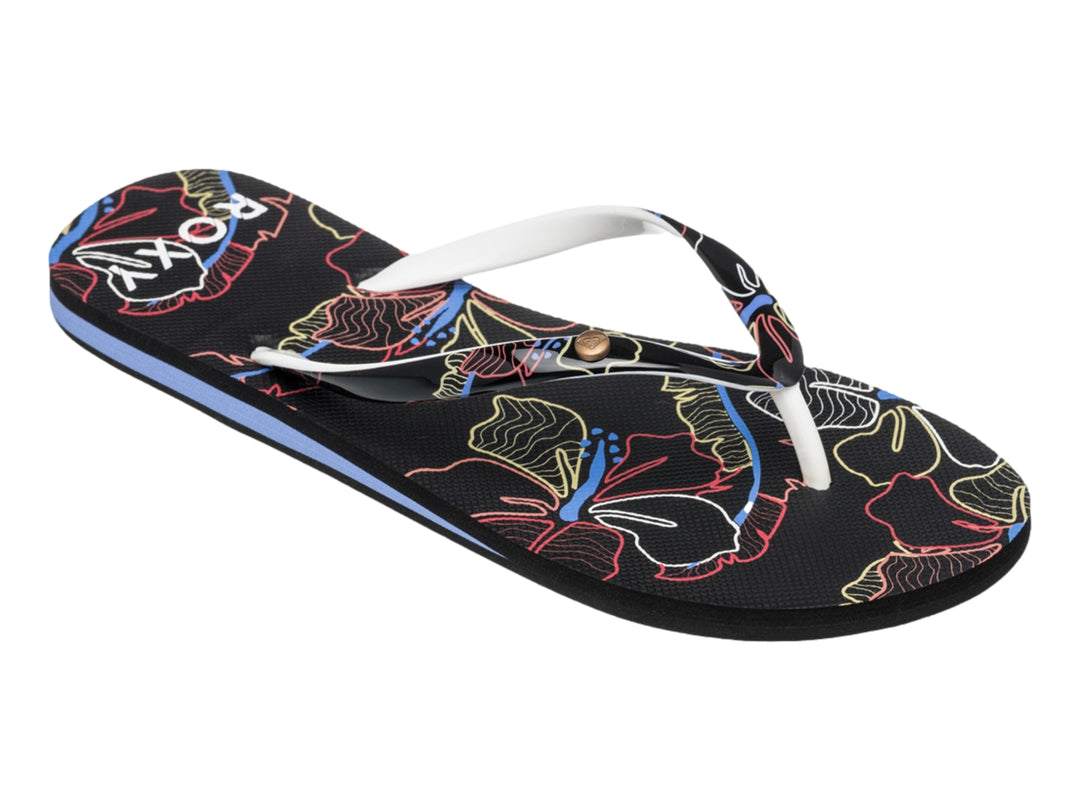 Sandalias Roxy modelo Portofino III en color negro con detalles en azul y estampado multicolor.