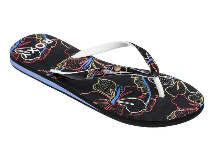 Sandalias Roxy modelo Portofino III en color negro con detalles en azul y estampado multicolor.