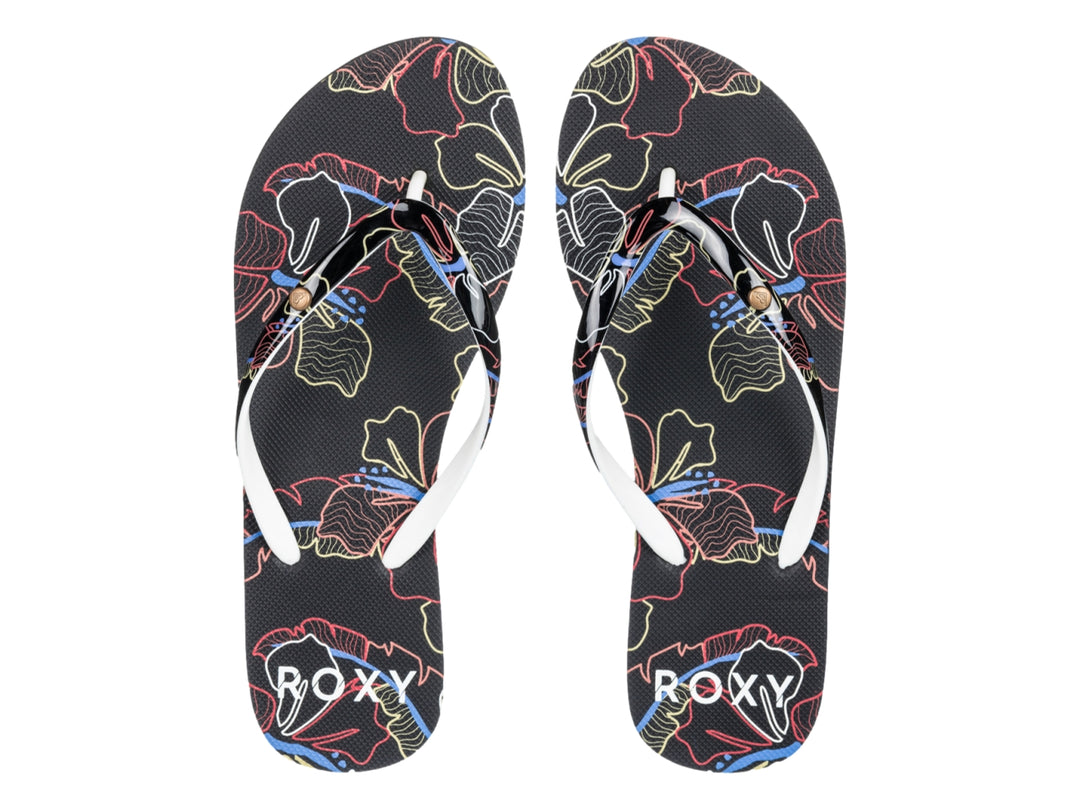 Sandalias Roxy modelo Portofino III en color negro con detalles en azul y estampado multicolor.