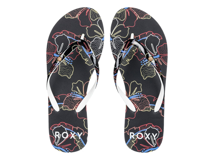 Sandalias Roxy modelo Portofino III en color negro con detalles en azul y estampado multicolor.