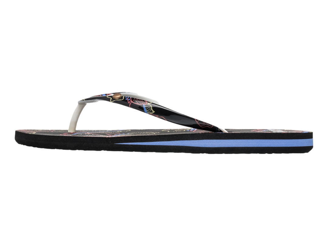 Sandalias Roxy modelo Portofino III en color negro con detalles en azul y estampado multicolor.