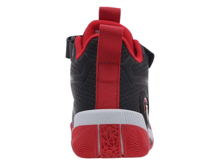 Tenis deportivos K-Swiss para niño en colores negro, rojo y blanco con cierre de correa velcro.