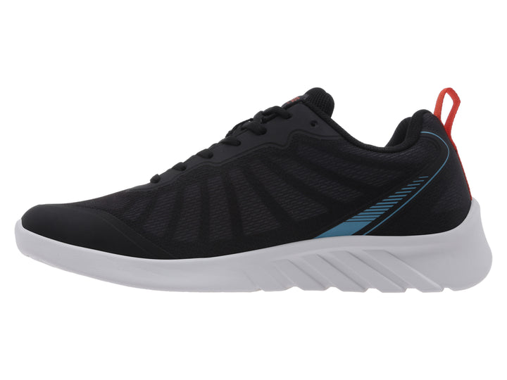 Tenis deportivos K-Swiss color negro con suela blanca y detalles en azul y naranja.