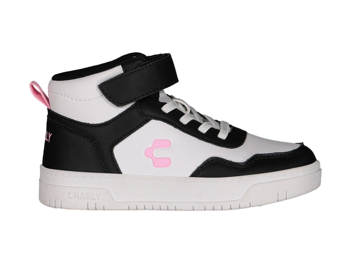Tenis deportivos tipo botín en colores blanco y negro con detalles en rosa de la marca Charly.