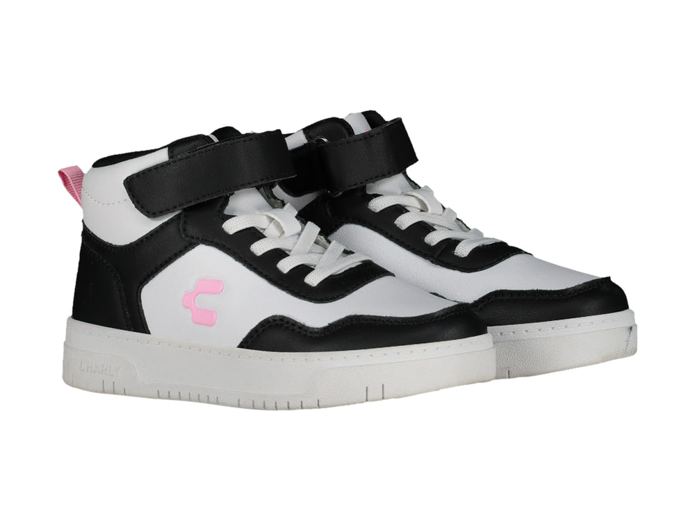 Tenis deportivos tipo botín en colores blanco y negro con detalles en rosa de la marca Charly.