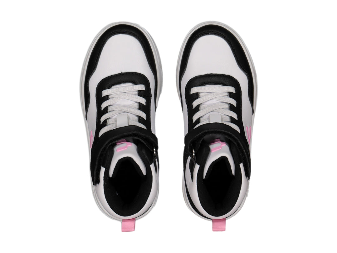 Tenis deportivos tipo botín en colores blanco y negro con detalles en rosa de la marca Charly.