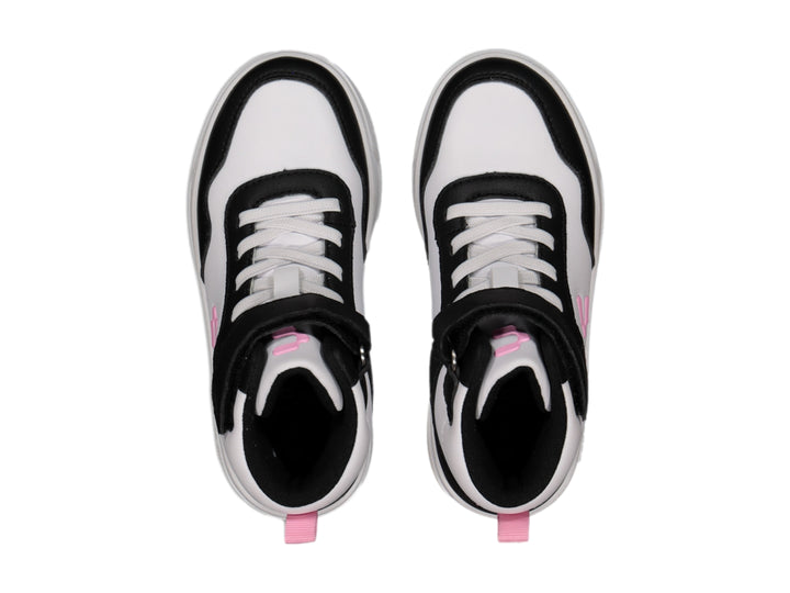 Tenis deportivos tipo botín en colores blanco y negro con detalles en rosa de la marca Charly.
