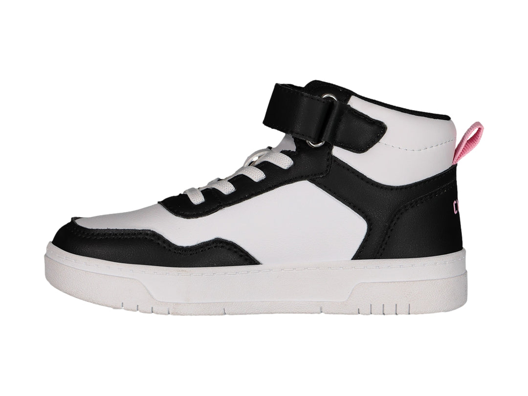 Tenis deportivos tipo botín en colores blanco y negro con detalles en rosa de la marca Charly.