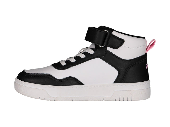 Tenis deportivos tipo botín en colores blanco y negro con detalles en rosa de la marca Charly.