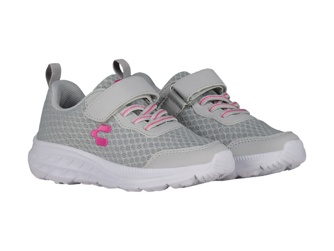Tenis deportivos Charly color gris con detalles en rosa y suela blanca.