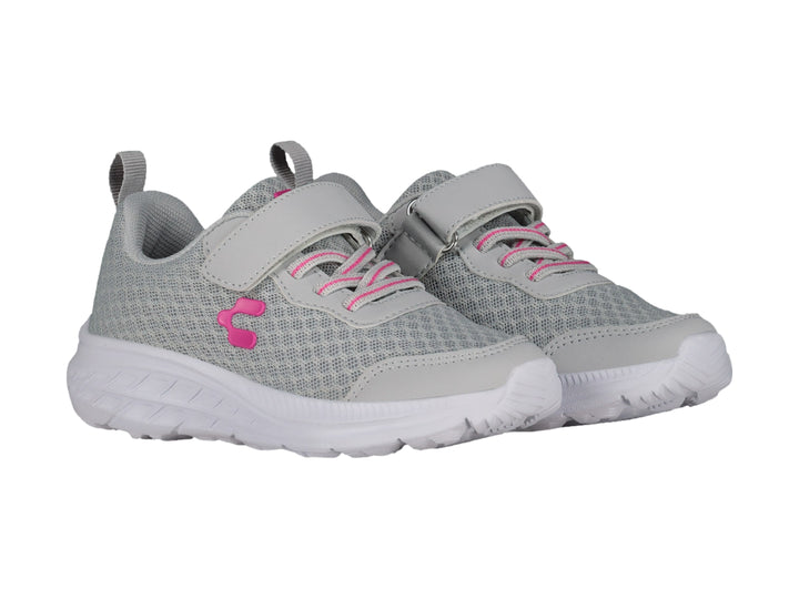 Tenis deportivos Charly color gris con detalles en rosa y suela blanca.