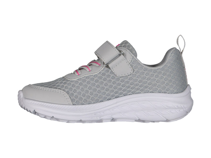 Tenis deportivos Charly color gris con detalles en rosa y suela blanca.
