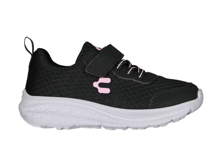 Tenis deportivos Charly para niño o niña en color negro con suela blanca y detalle rosa.