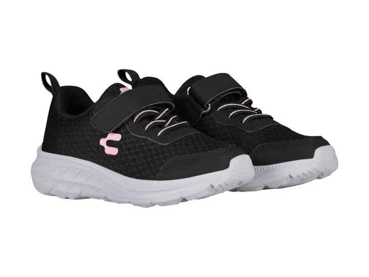 Tenis deportivos Charly para niño o niña en color negro con suela blanca y detalle rosa.