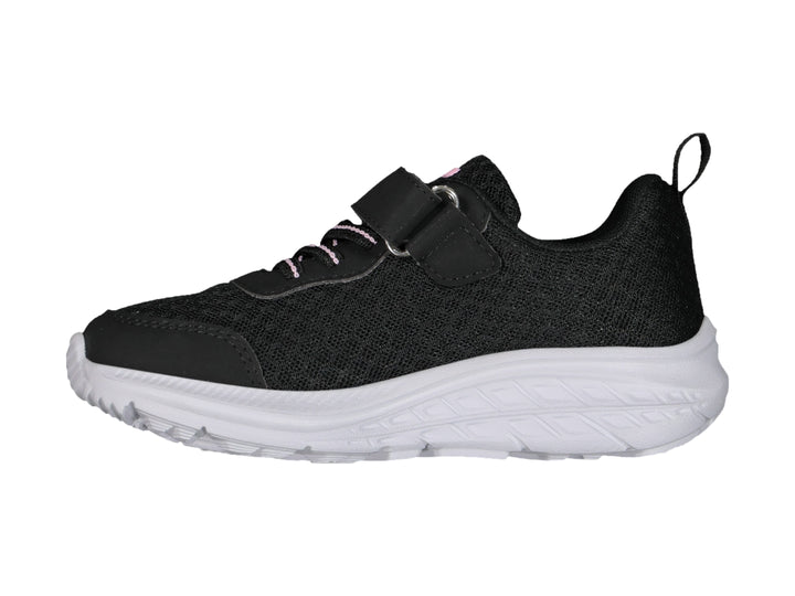 Tenis deportivos Charly para niño o niña en color negro con suela blanca y detalle rosa.