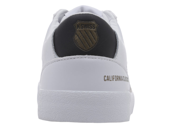 Tenis K-Swiss blancos de corte bajo con detalles en negro y gris, diseño casual y deportivo.