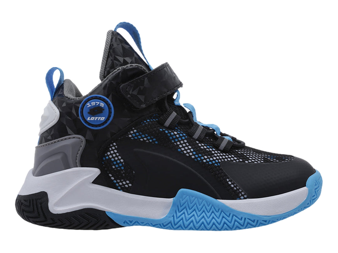 Tenis deportivos de bota para niño en colores negro, blanco y azul de la marca Lotto.