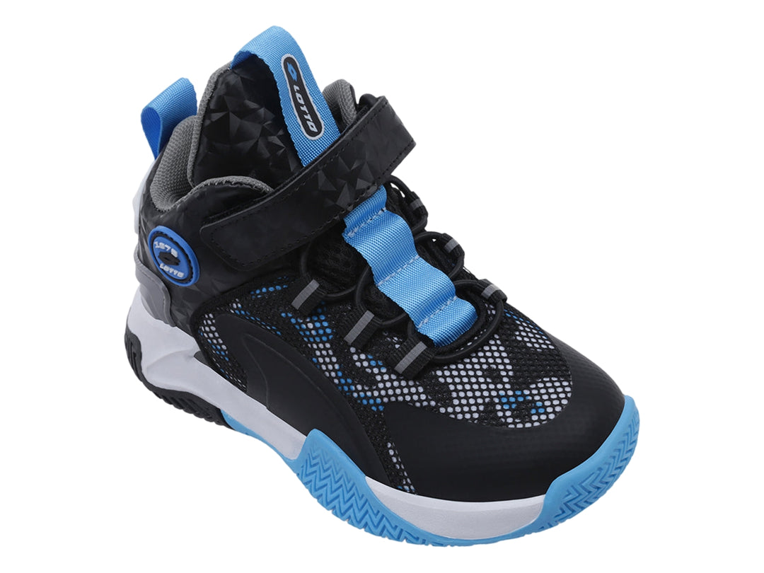 Tenis deportivos de bota para niño en colores negro, blanco y azul de la marca Lotto.