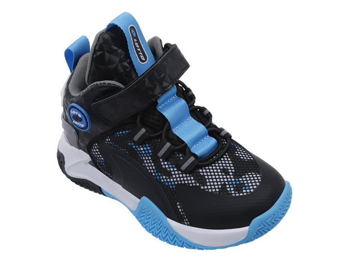 Tenis deportivos de bota para niño en colores negro, blanco y azul de la marca Lotto.