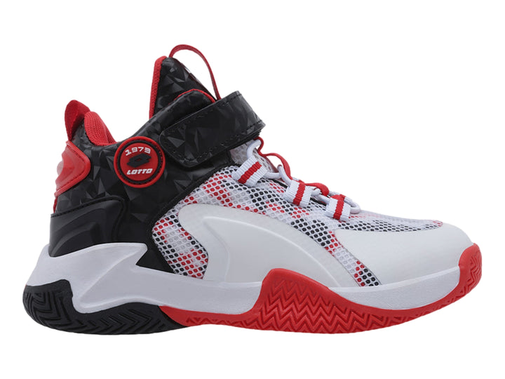 Tenis deportivos Lotto en colores blanco, rojo y negro con correa de ajuste y suela texturizada.