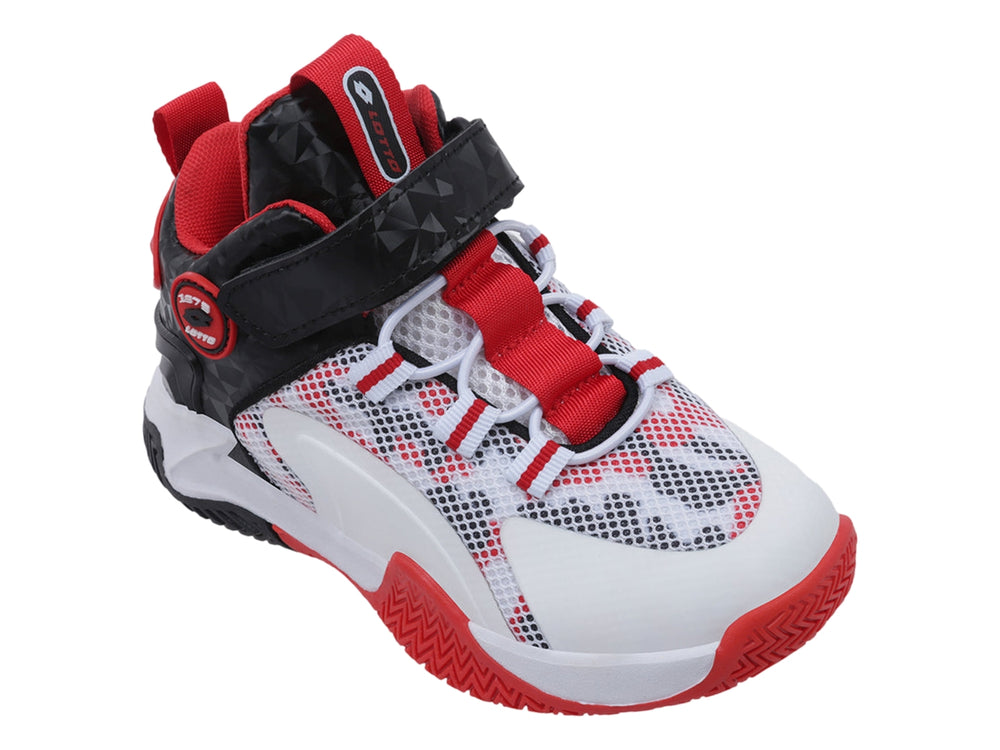 Tenis deportivos Lotto en colores blanco, rojo y negro con correa de ajuste y suela texturizada.