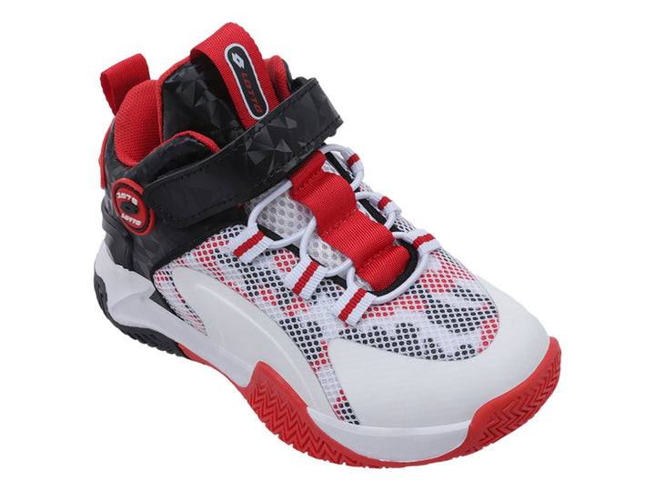 Tenis deportivos Lotto en colores blanco, rojo y negro con correa de ajuste y suela texturizada.