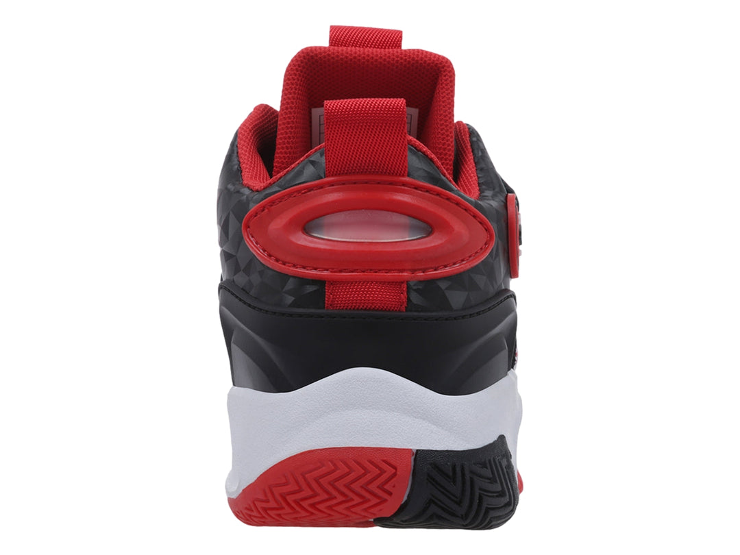 Tenis deportivos Lotto en colores blanco, rojo y negro con correa de ajuste y suela texturizada.