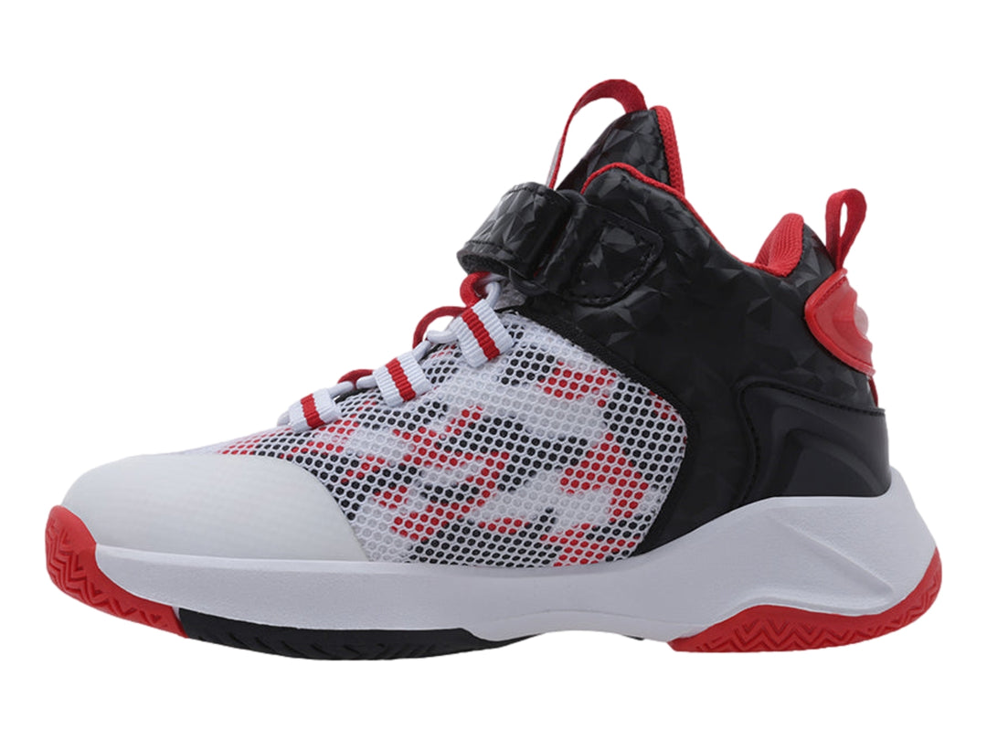 Tenis deportivos Lotto en colores blanco, rojo y negro con correa de ajuste y suela texturizada.