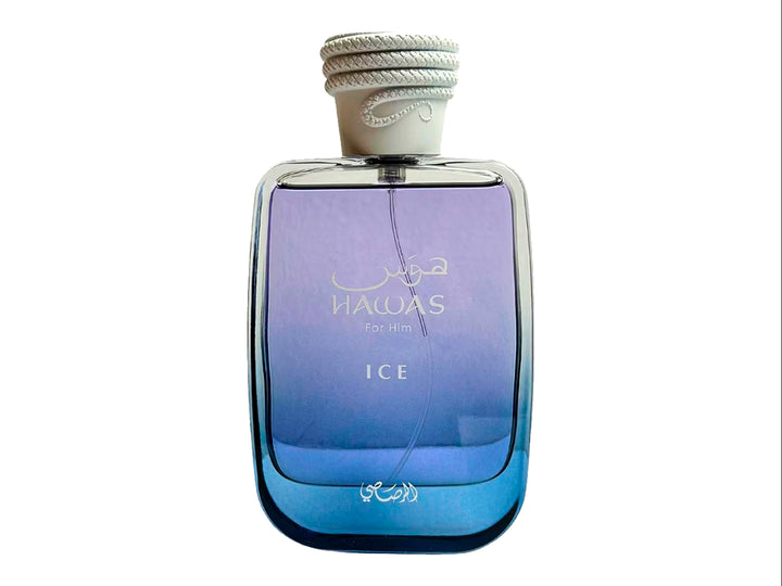 Perfume Rasasi Hawas Ice en botella de vidrio azul y caja azul oscuro.