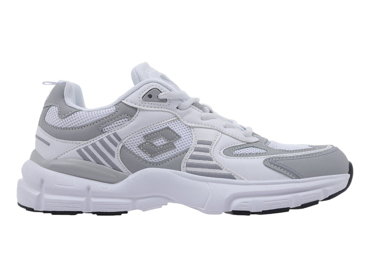 Tenis deportivos Lotto color blanco y gris con suela blanca y detalles en malla.