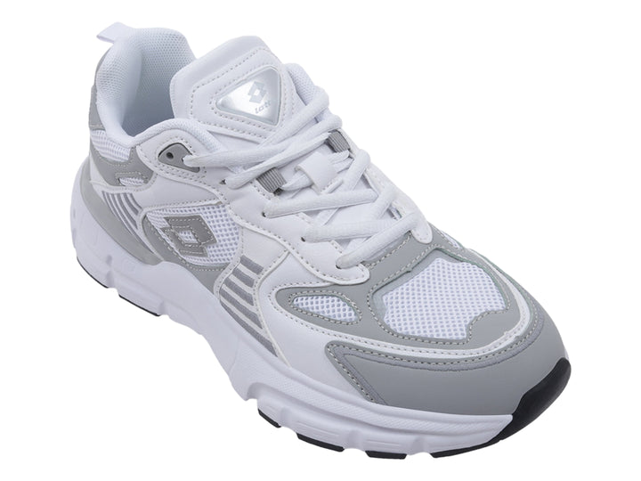 Tenis deportivos Lotto color blanco y gris con suela blanca y detalles en malla.