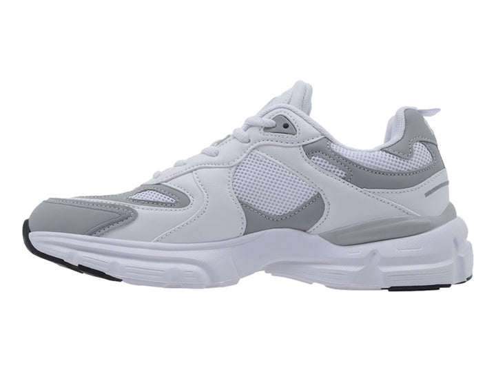 Tenis deportivos Lotto color blanco y gris con suela blanca y detalles en malla.