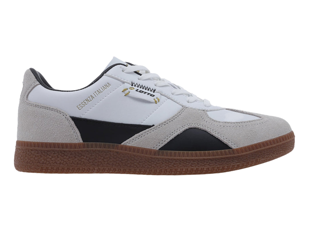 Tenis Lotto en colores blanco, gris y negro con suela color café.