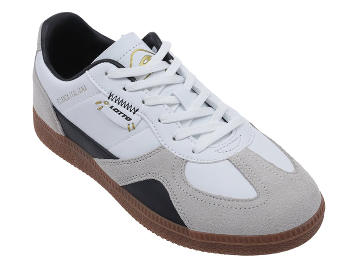 Tenis Lotto en colores blanco, gris y negro con suela color café.