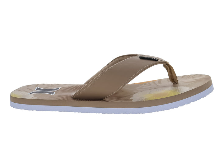 Sandalias Hurley color tan con suela blanca y diseño gráfico en la plantilla.