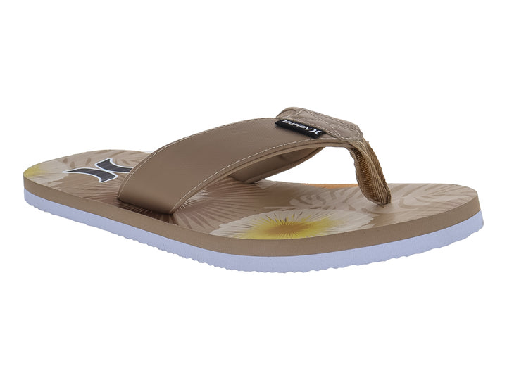 Sandalias Hurley color tan con suela blanca y diseño gráfico en la plantilla.
