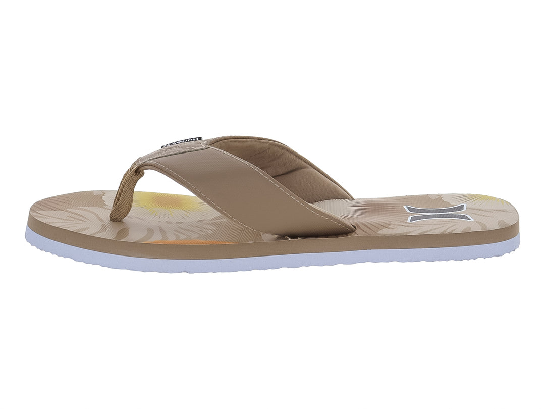 Sandalias Hurley color tan con suela blanca y diseño gráfico en la plantilla.