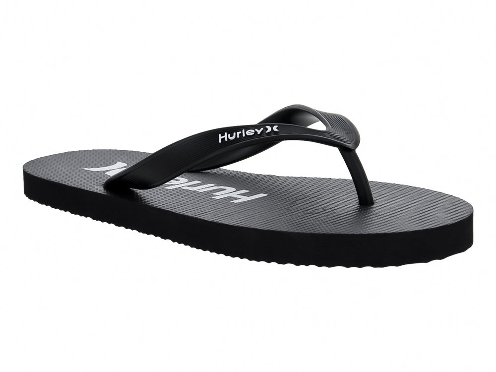 Sandalias de dedo color negro marca Hurley con suela plana y correa sencilla.