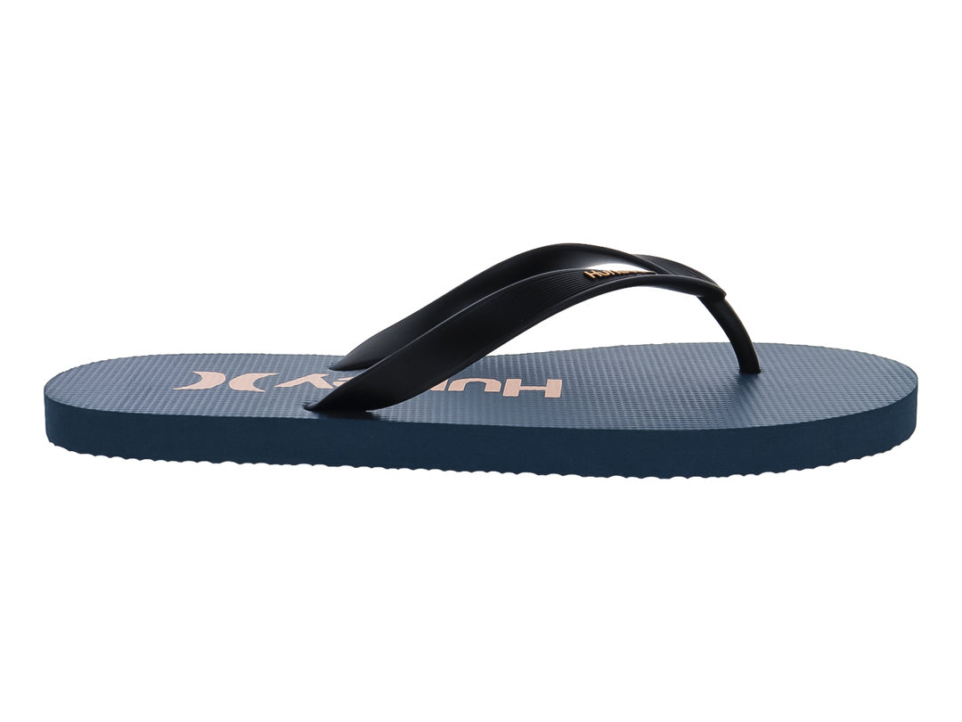 Sandalias Hurley color azul con correas negras, diseño plano y casual para uso diario.