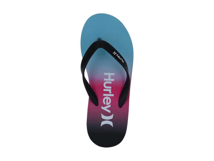 Sandalias Hurley negras con plantilla en degradado de colores rosa y azul.