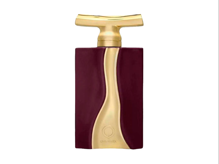 Perfume Orientica Rosé de Orientica en frasco y caja color guinda con detalles dorados brillantes.