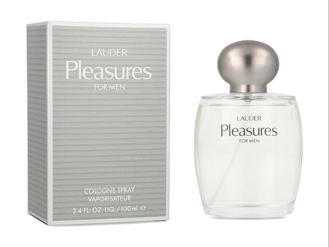 Botella de perfume Estée Lauder Pleasures for Men de 100ml y su caja plateada sobre fondo blanco.