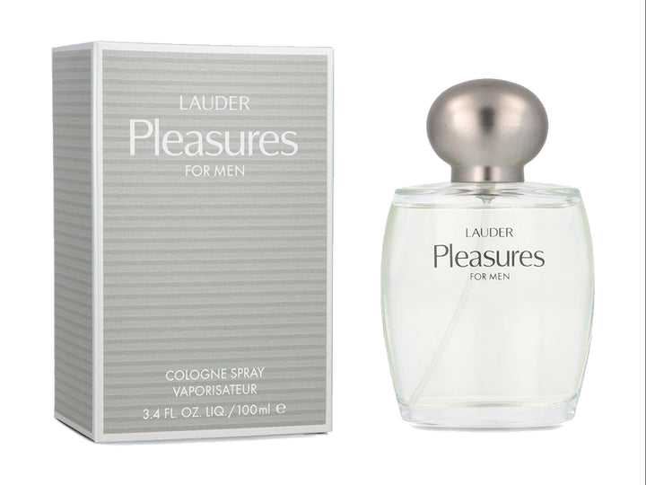 Botella de perfume Estée Lauder Pleasures for Men de 100ml y su caja plateada sobre fondo blanco.