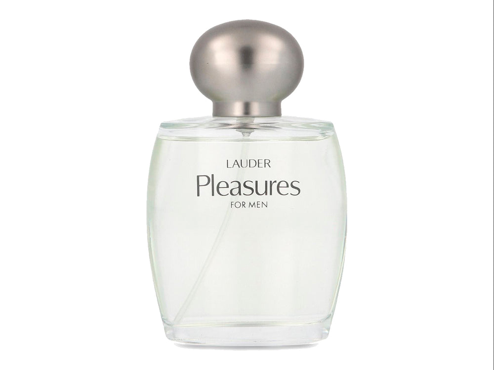 Botella de perfume Estée Lauder Pleasures for Men de 100ml y su caja plateada sobre fondo blanco.