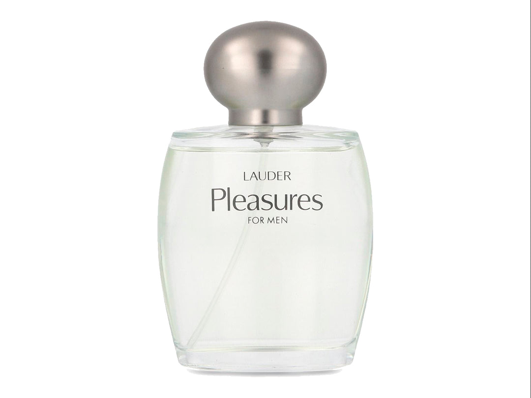 Botella de perfume Estée Lauder Pleasures for Men de 100ml y su caja plateada sobre fondo blanco.