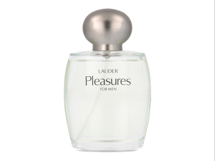Botella de perfume Estée Lauder Pleasures for Men de 100ml y su caja plateada sobre fondo blanco.