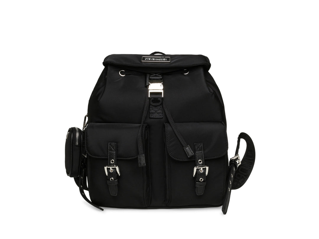 Mochila negra de Steve Madden con bolsillos frontales con hebillas y un pequeño bolso lateral desmontable.
