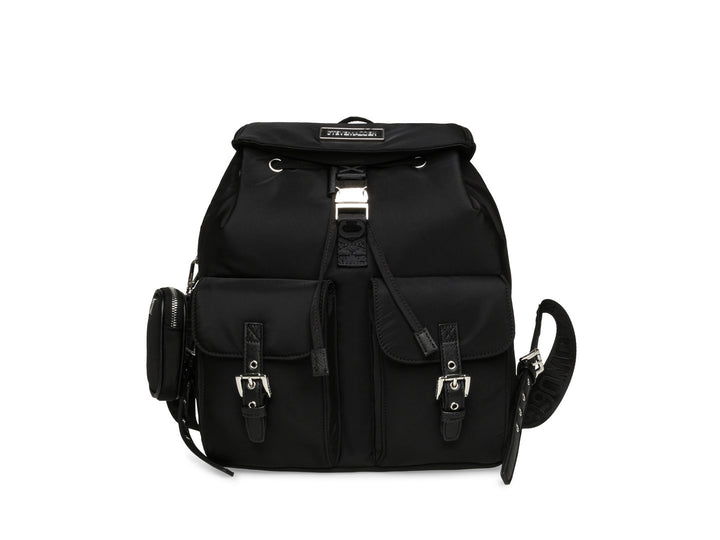 Mochila negra de Steve Madden con bolsillos frontales con hebillas y un pequeño bolso lateral desmontable.