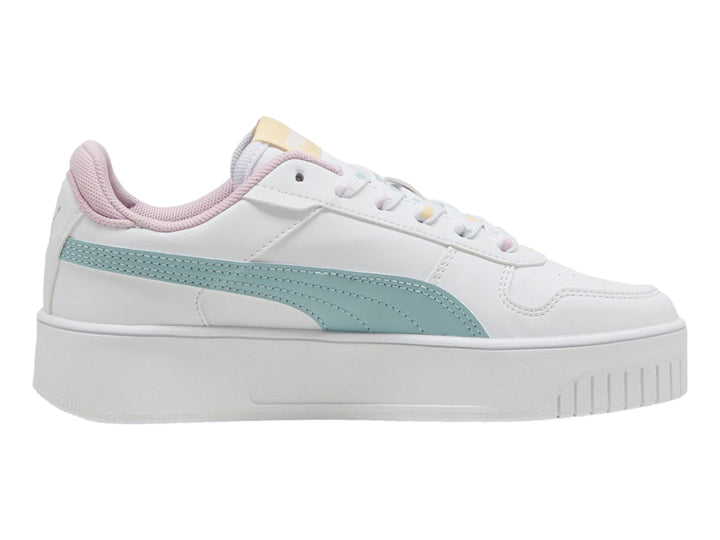 Tenis PUMA blancos con detalles en color menta y rosa y suela de plataforma.